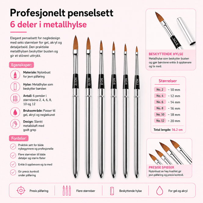 Hovedbilde Profesjonelt penselsett for negledesign – 6 deler i metall